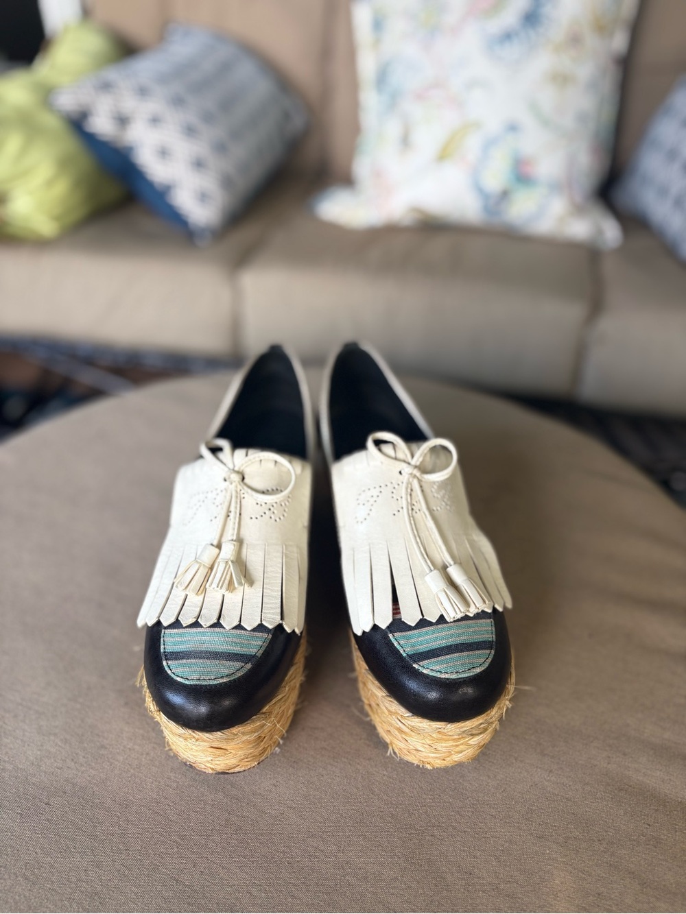 Tory Burch Navy Blue Cream Fringe Espadrille Platform Mules with Black Toe